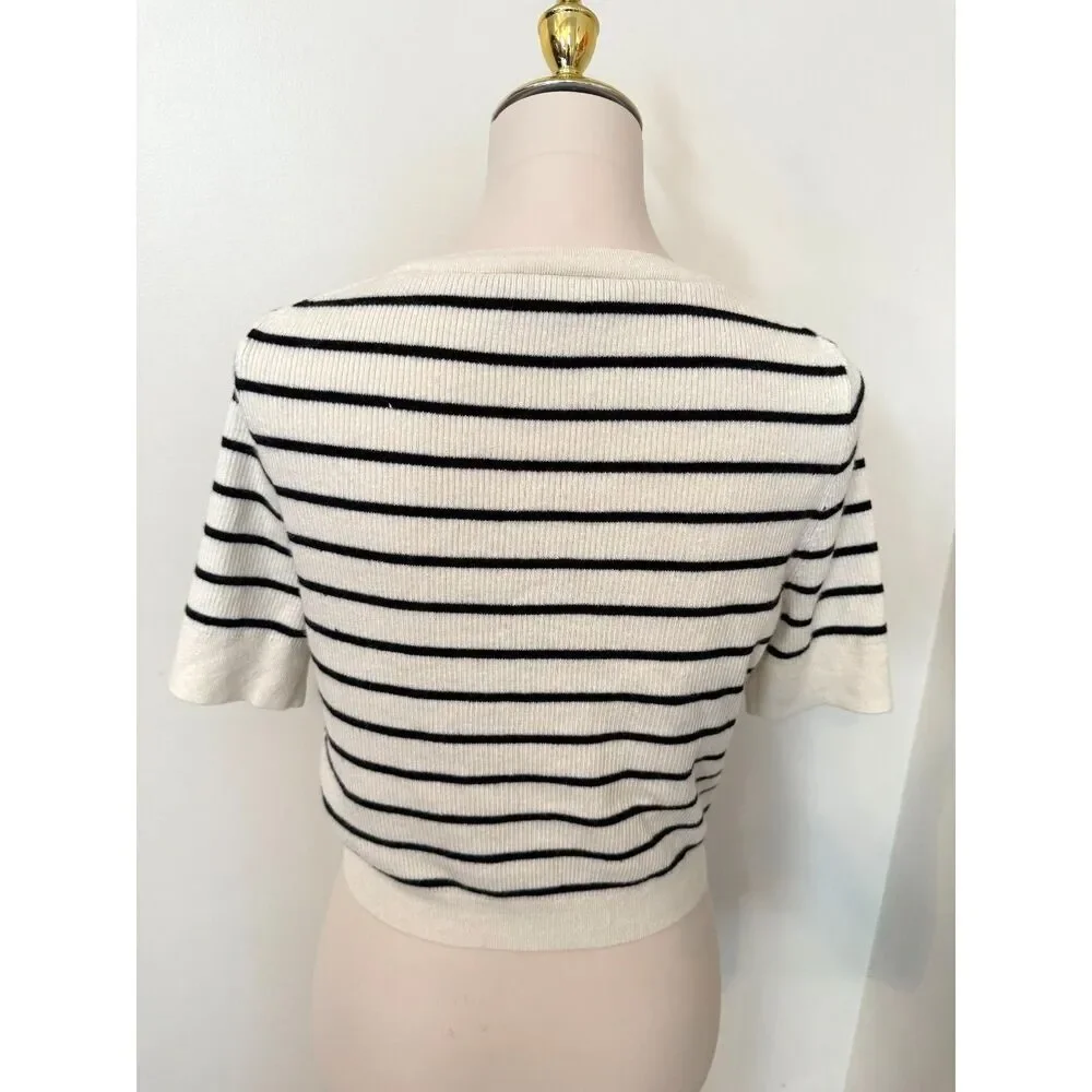 J.Crew Button-Up Sweater Tee Ivory Black Stripe Wool Linen Gold Buttons M
